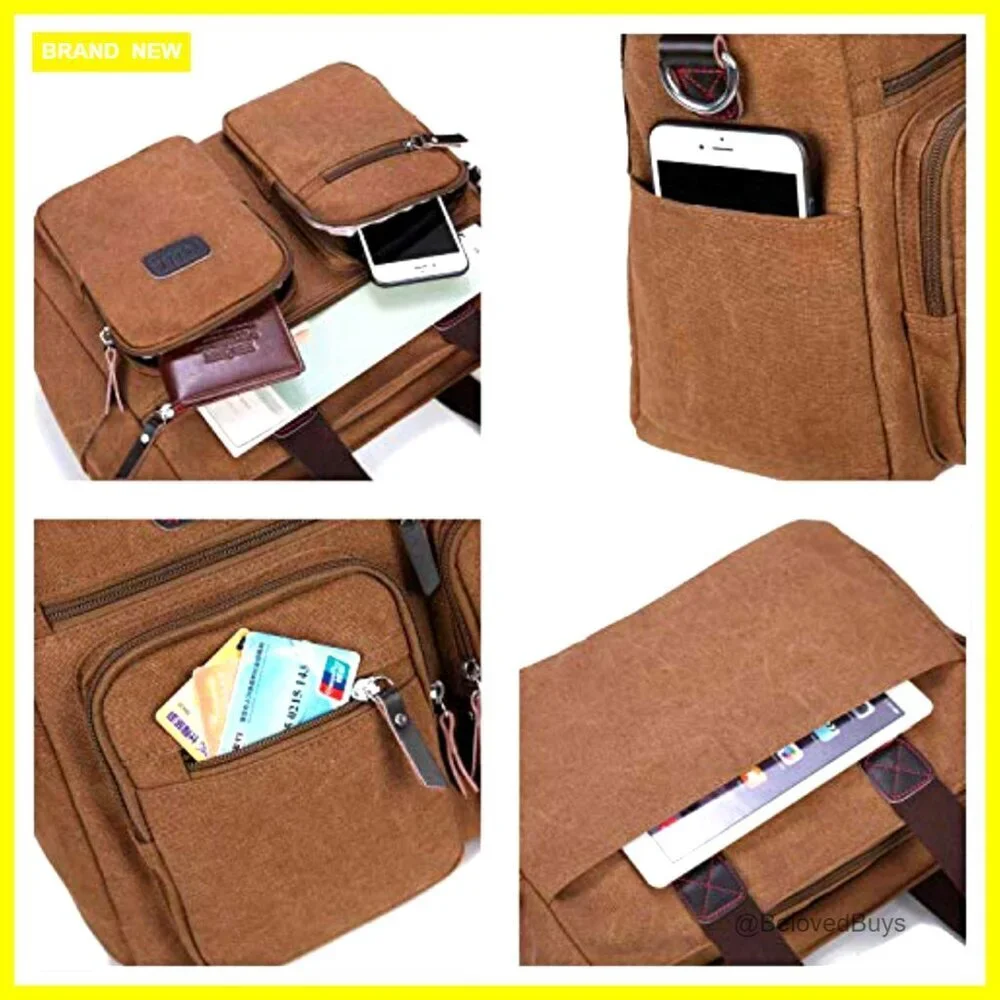 Canvas Satchel Tote with Adjustable Strap, Multiple Pockets, Work Travel Bag